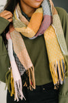 Keep Me Cozy Checkered Fringe Scarf in Pine and Petals