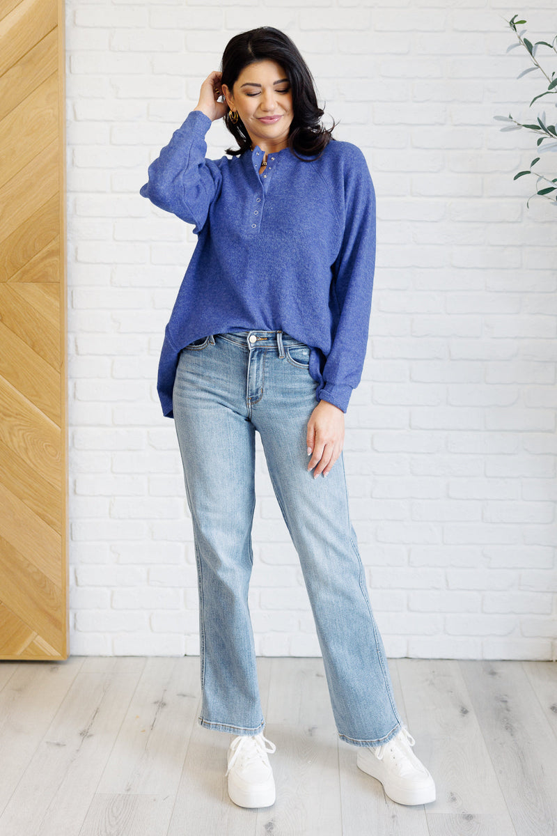 Hazel Blues® |  Keeping it Real Brushed Melange Hacci Long Sleeve Tee in Bright Blue