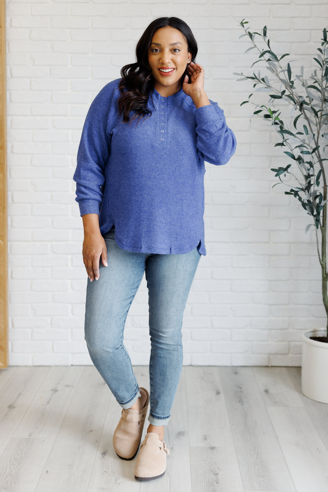 Hazel Blues® |  Keeping it Real Brushed Melange Hacci Long Sleeve Tee in Bright Blue