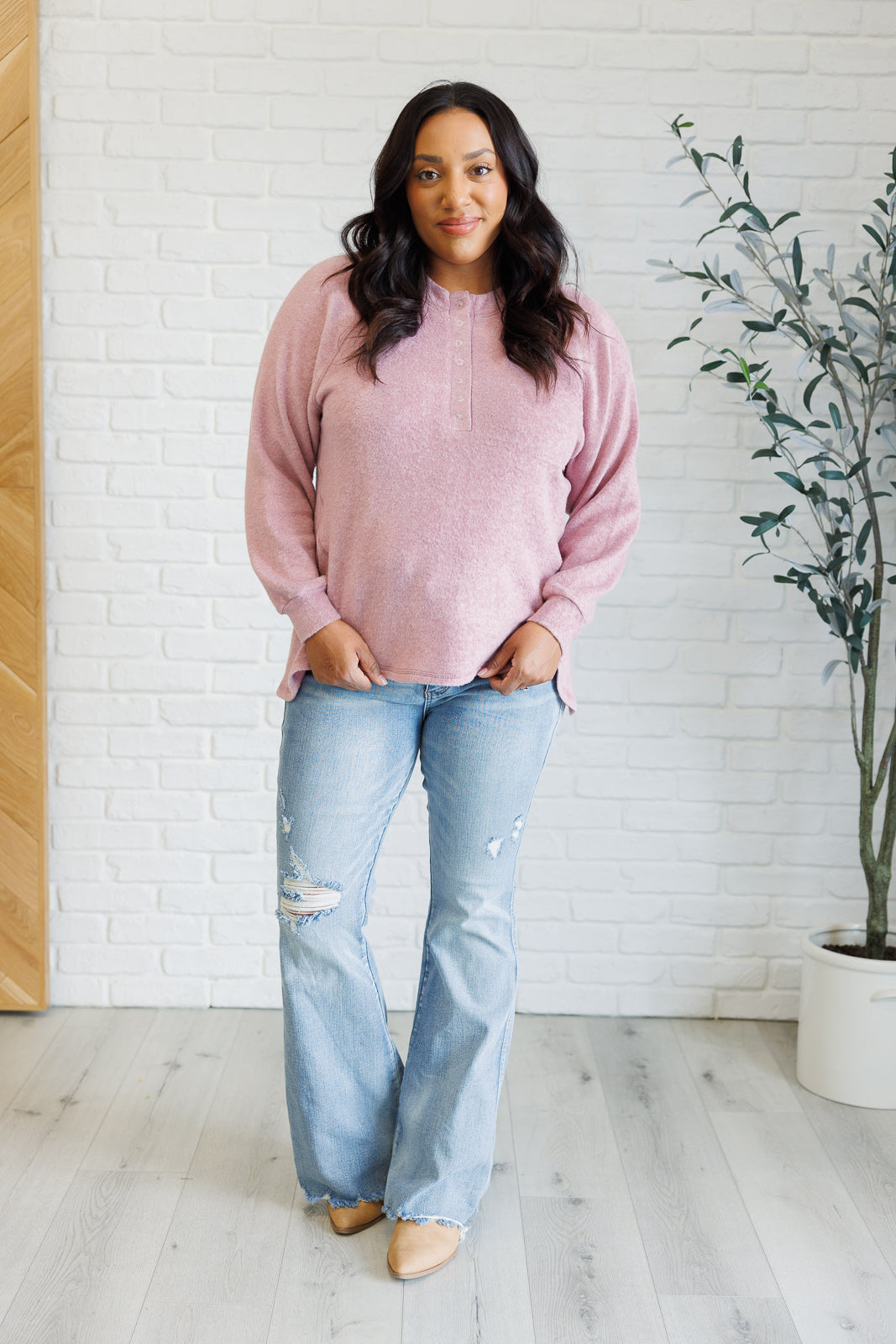 Hazel Blues® |  Keeping it Real Brushed Melange Hacci Long Sleeve Tee in Light Rose