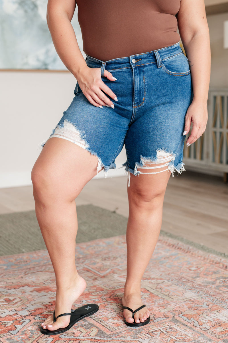 Hazel Blues® |  Kelsey Mid Rise Distressed Cutoff Shorts