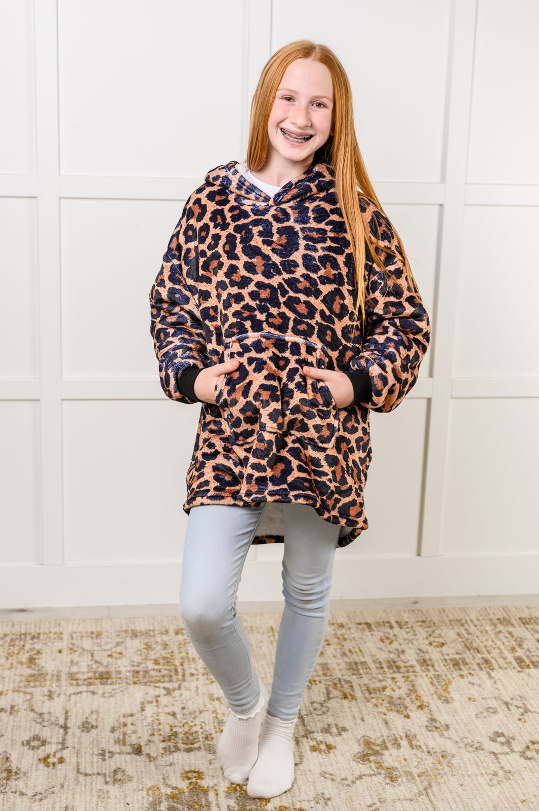 Hazel Blues® |  Kids Oversized Hoodie Blanket in Leopard