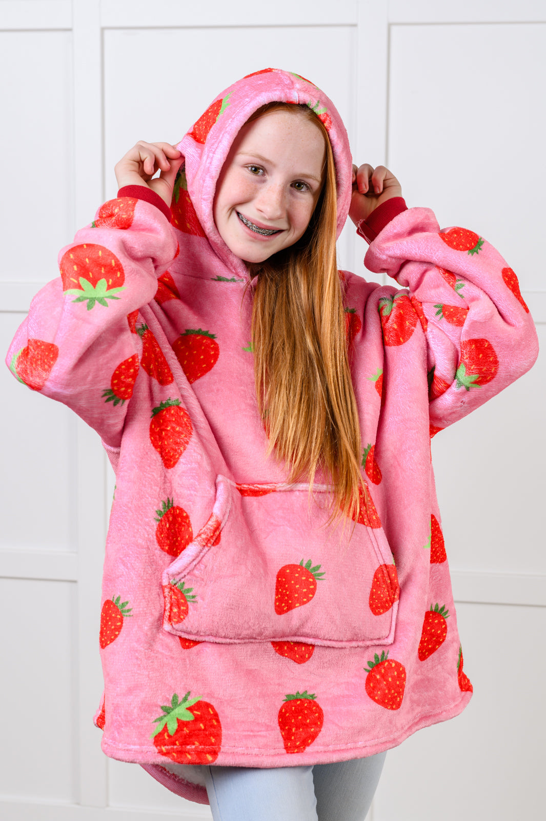 Hazel Blues® |  Kids Oversized Hoodie Blanket in Strawberry