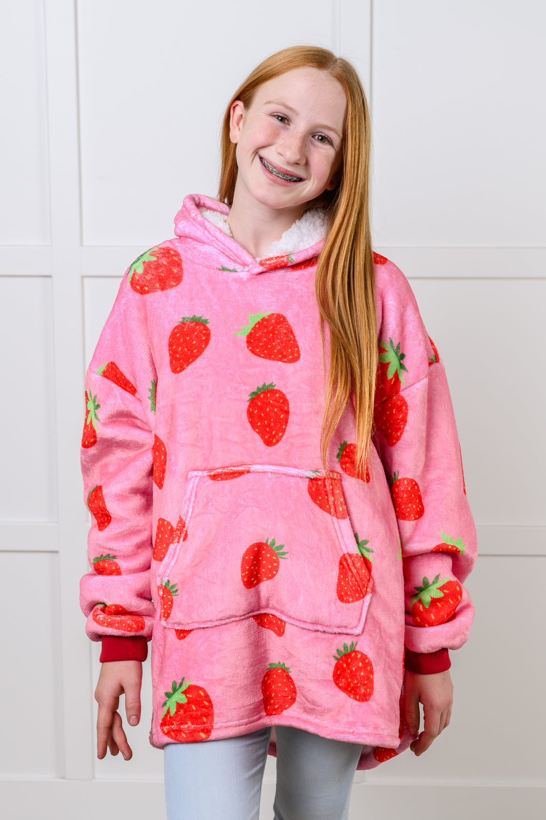 Hazel Blues® |  Kids Oversized Hoodie Blanket in Strawberry