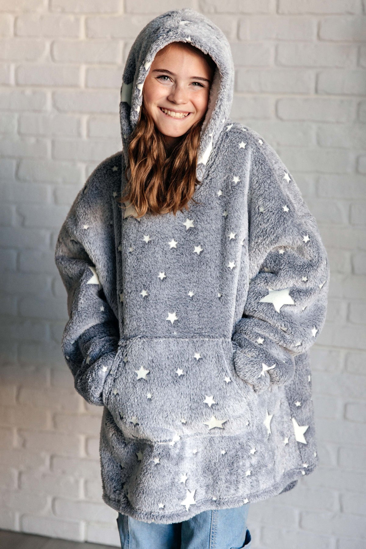 Hazel Blues® |  Kids Oversized Hoodie Blanket in Grey Stars