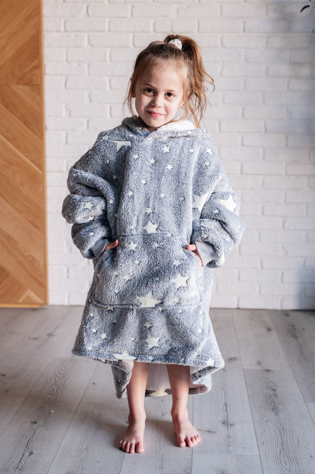 Hazel Blues® |  Kids Oversized Hoodie Blanket in Grey Stars