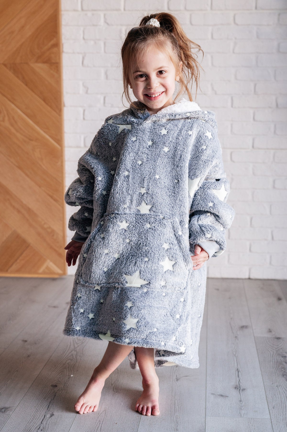 Hazel Blues® |  Kids Oversized Hoodie Blanket in Grey Stars