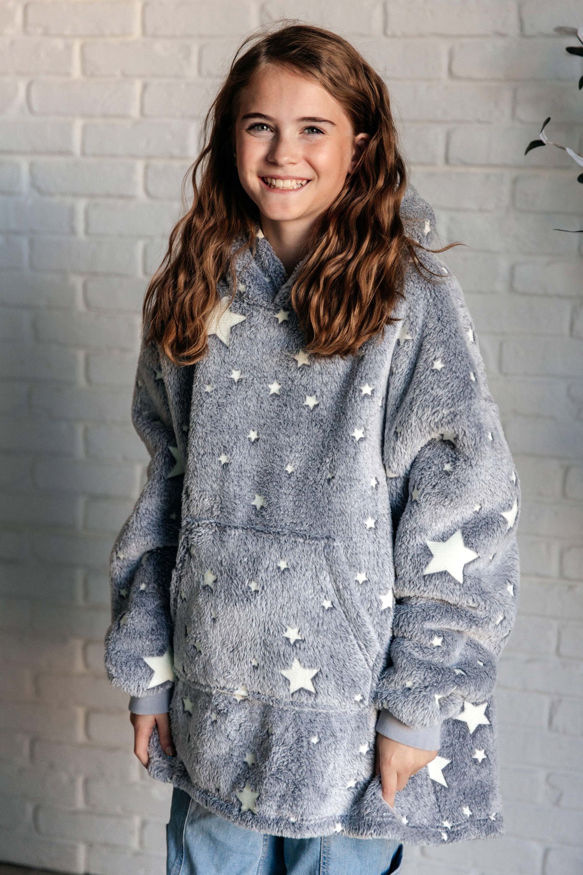 Hazel Blues® |  Kids Oversized Hoodie Blanket in Grey Stars