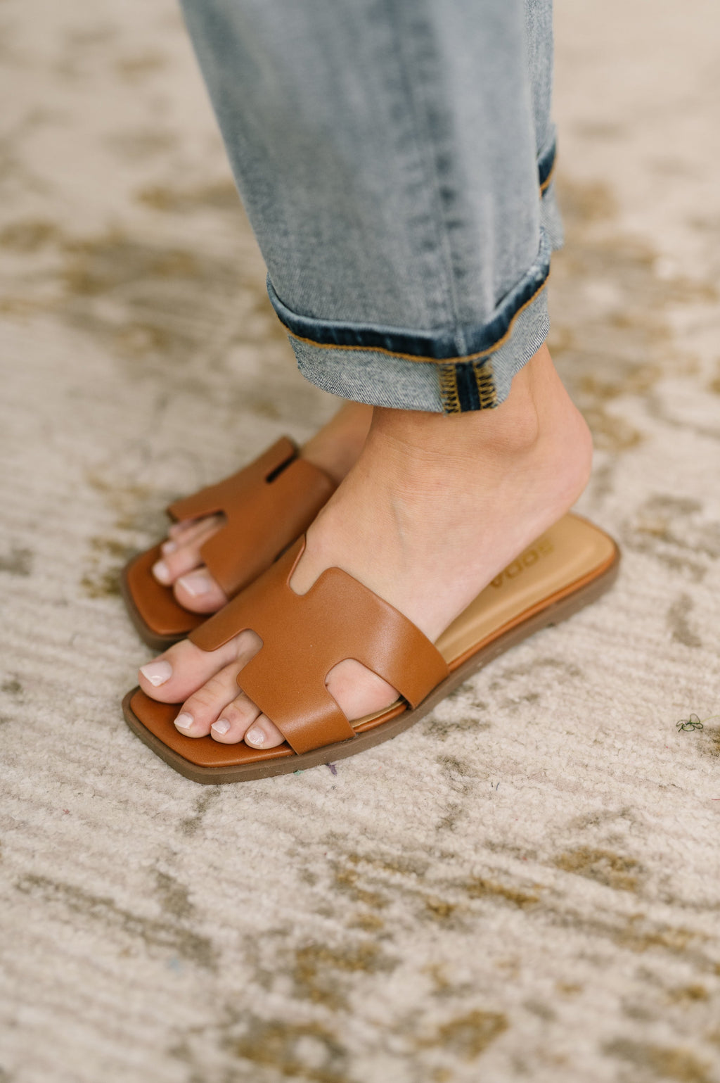 Hazel Blues® |  Knit Square Toe Slide on Sandal in Cognac