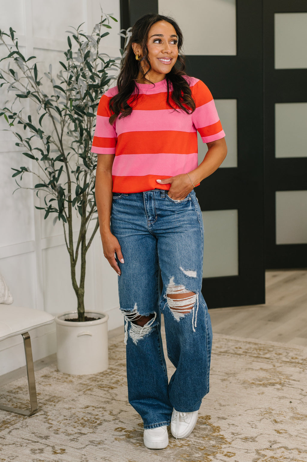 Hazel Blues® |  Known for a While Knit Blouse in Pink and Red