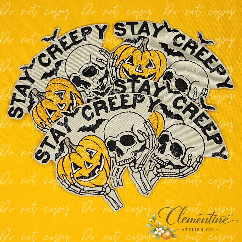 Stay Creepy Skull Pumpkin | Halloween Patch | Small Iron-On Patch |  Hats, Clothing, Bags+