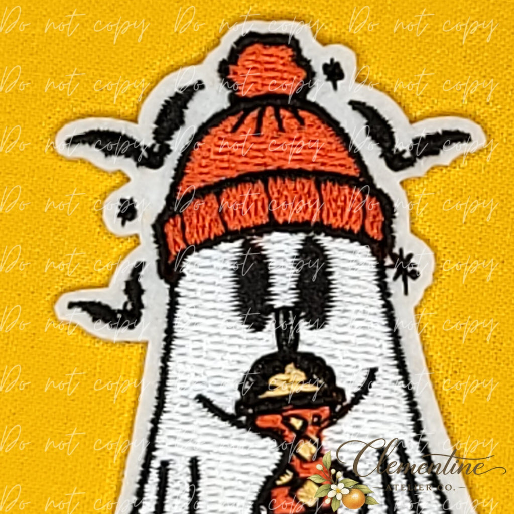 Ghost In Orange Beanie | Halloween Patch | Small Iron-On Patch |  Hats, Clothing, Bags+