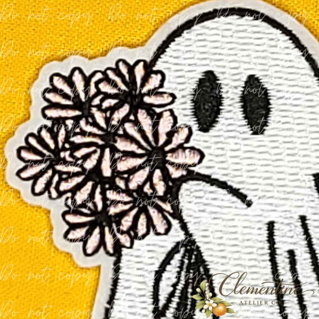 Ghost With Flowers | Halloween Patch | Small Iron-On Patch |  Hats, Clothing, Bags+