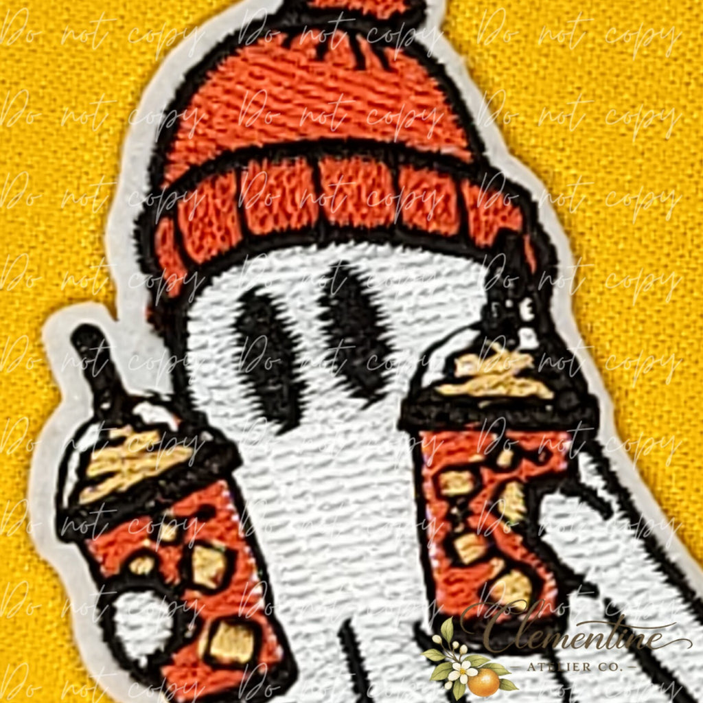 Ghost With Pumpkin Drinks | Halloween Patch | Small Iron-On Patch |  Hats, Clothing, Bags+