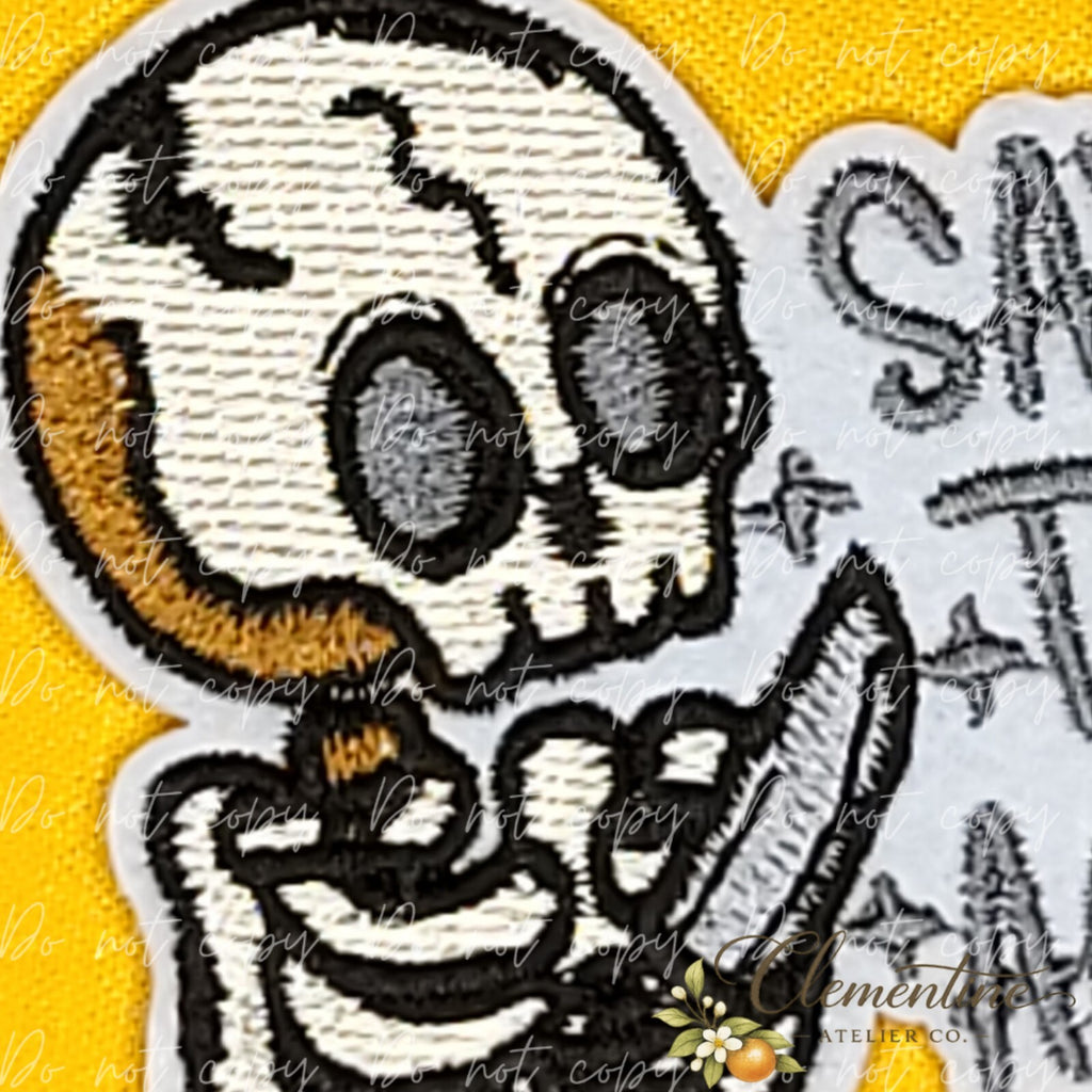 Say That Again Skeleton | Halloween Patch | Small Iron-On Patch |  Hats, Clothing, Bags+