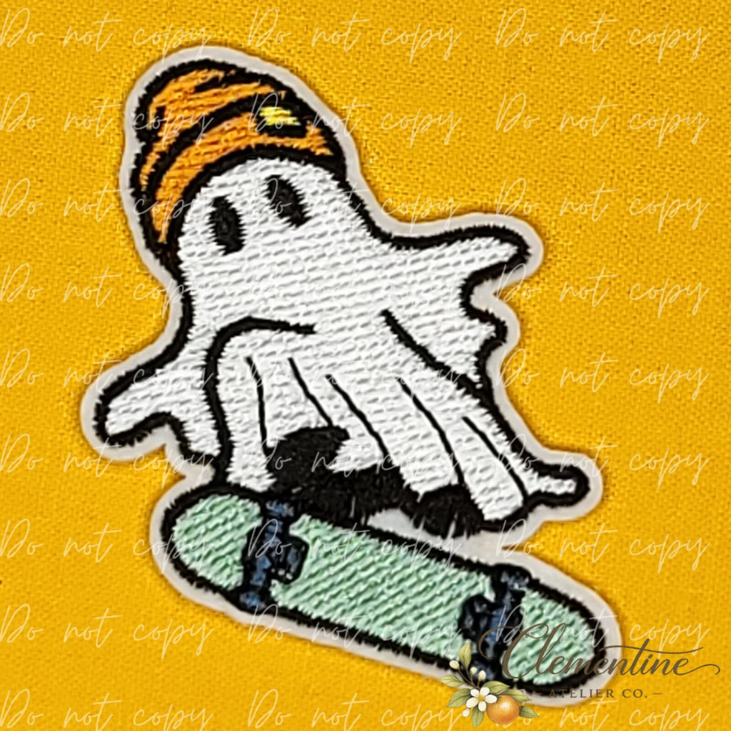Ghost On Skateboard | Halloween Patch | Small Iron-On Patch |  Hats, Clothing, Bags+