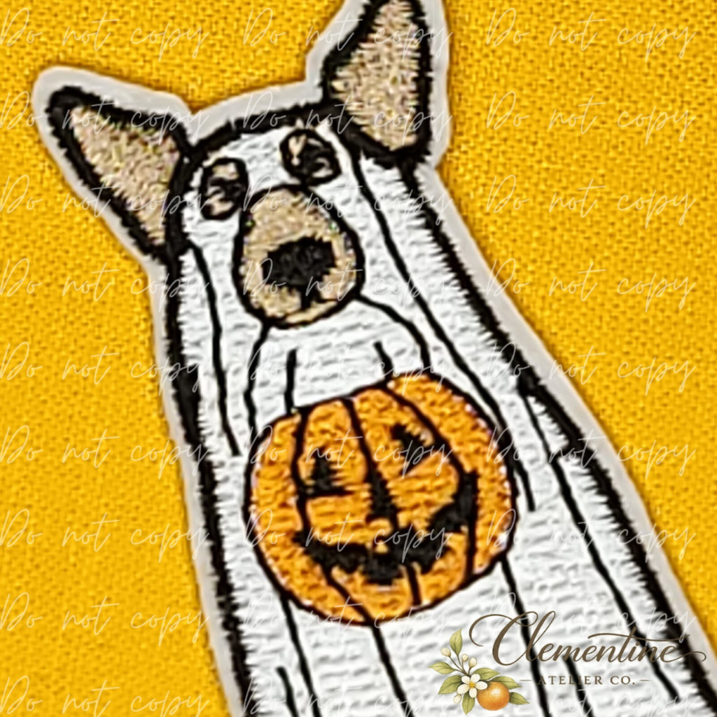 Dog Ghost Pumpkin | Halloween Patch | Small Iron-On Patch |  Hats, Clothing, Bags+