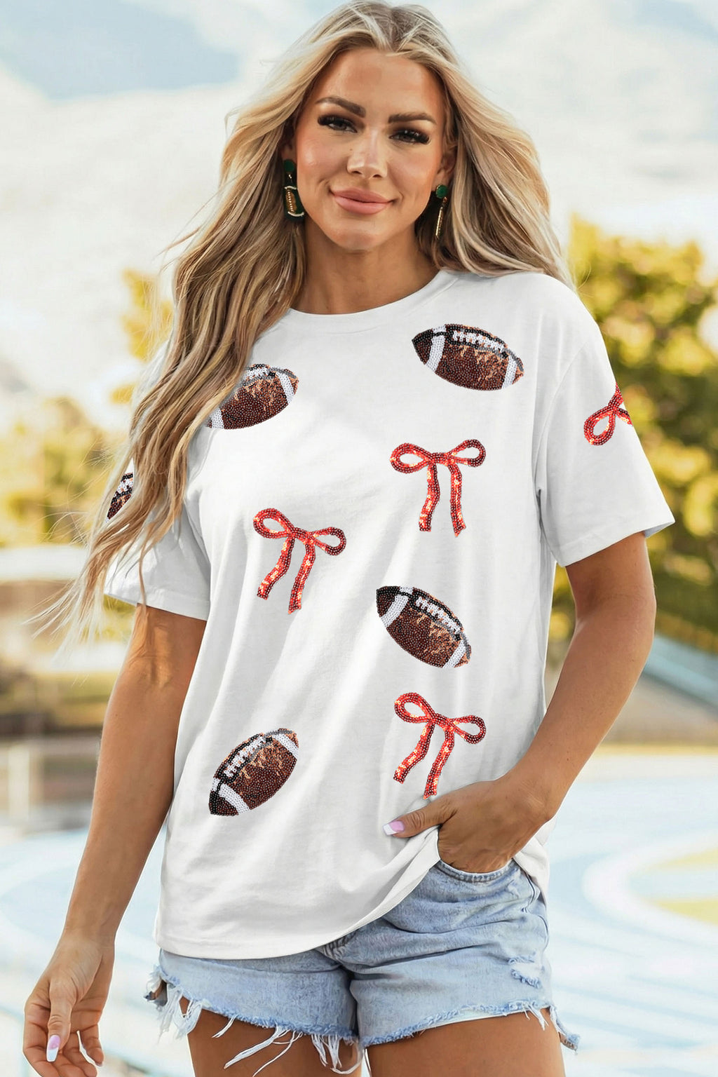 Sequin Football Bow Print Round Neck Casual Shift Tee