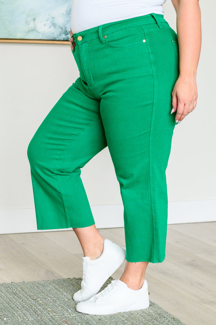 Hazel Blues® |  Lisa High Rise Control Top Wide Leg Crop Jeans in Kelly Green