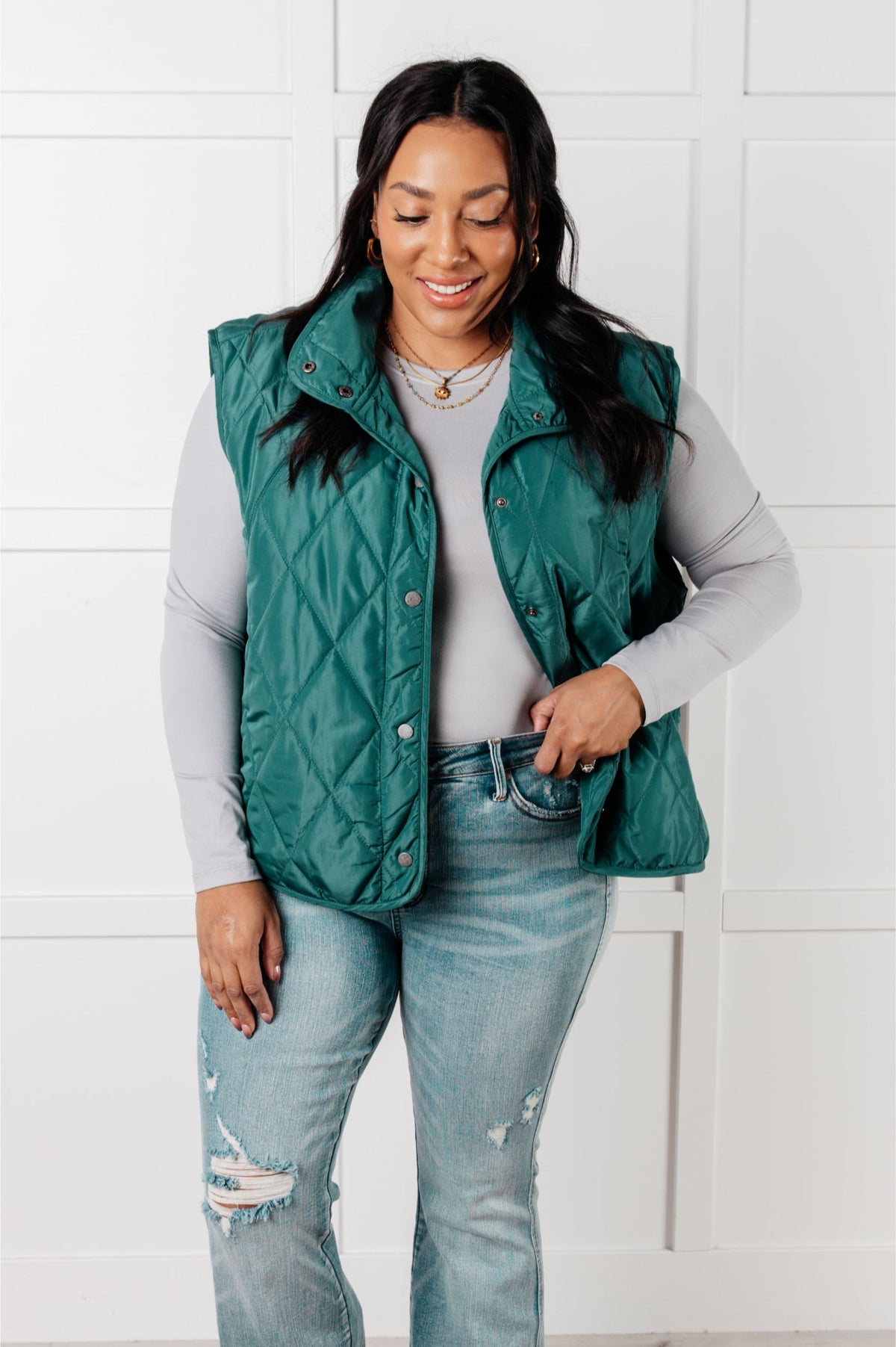 Hazel Blues® |  Layering Queen Quilted Puffer Vest in Hunter Green