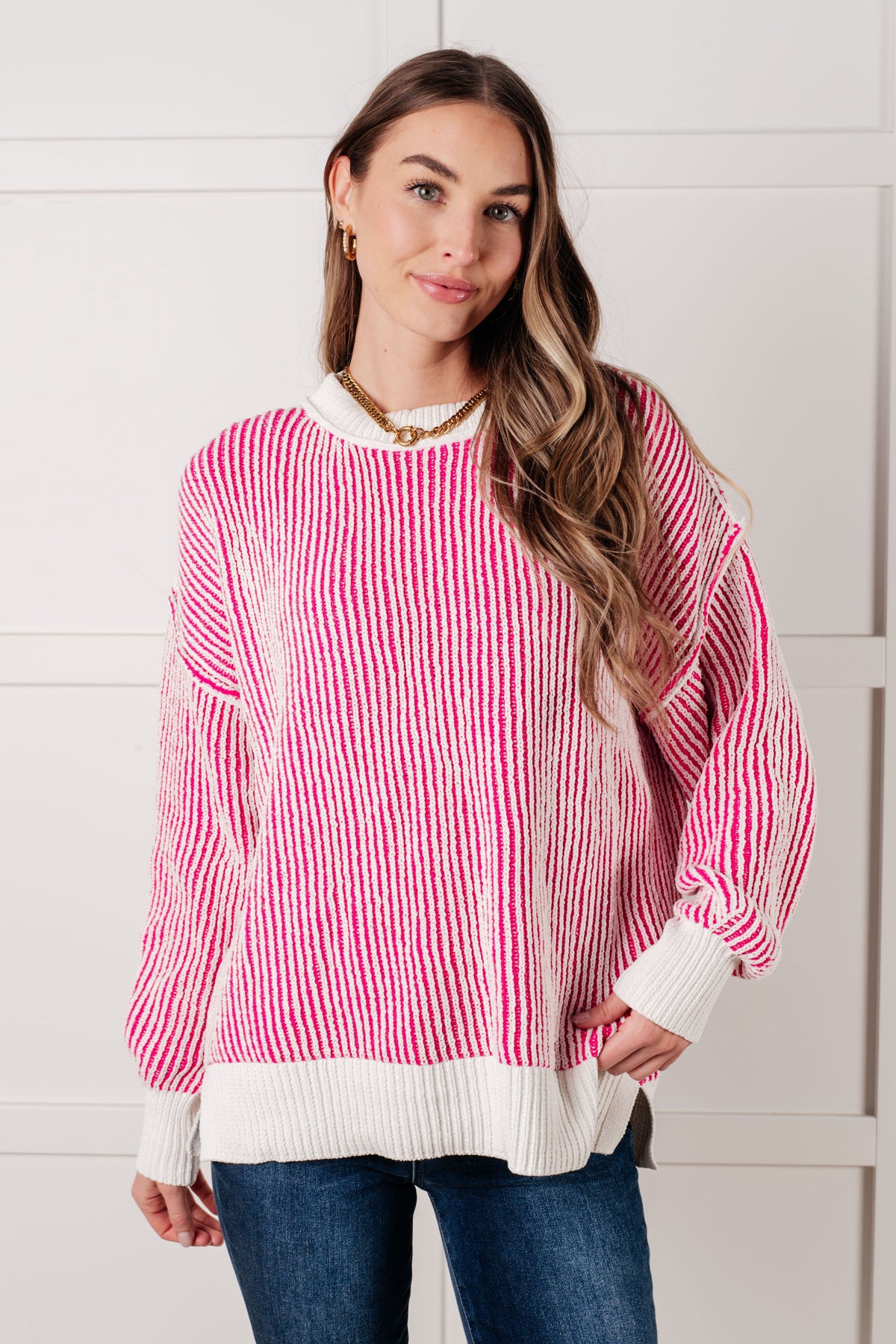 Hazel Blues® |  Least High Maintenance Contrast Trim Sweater in Pink