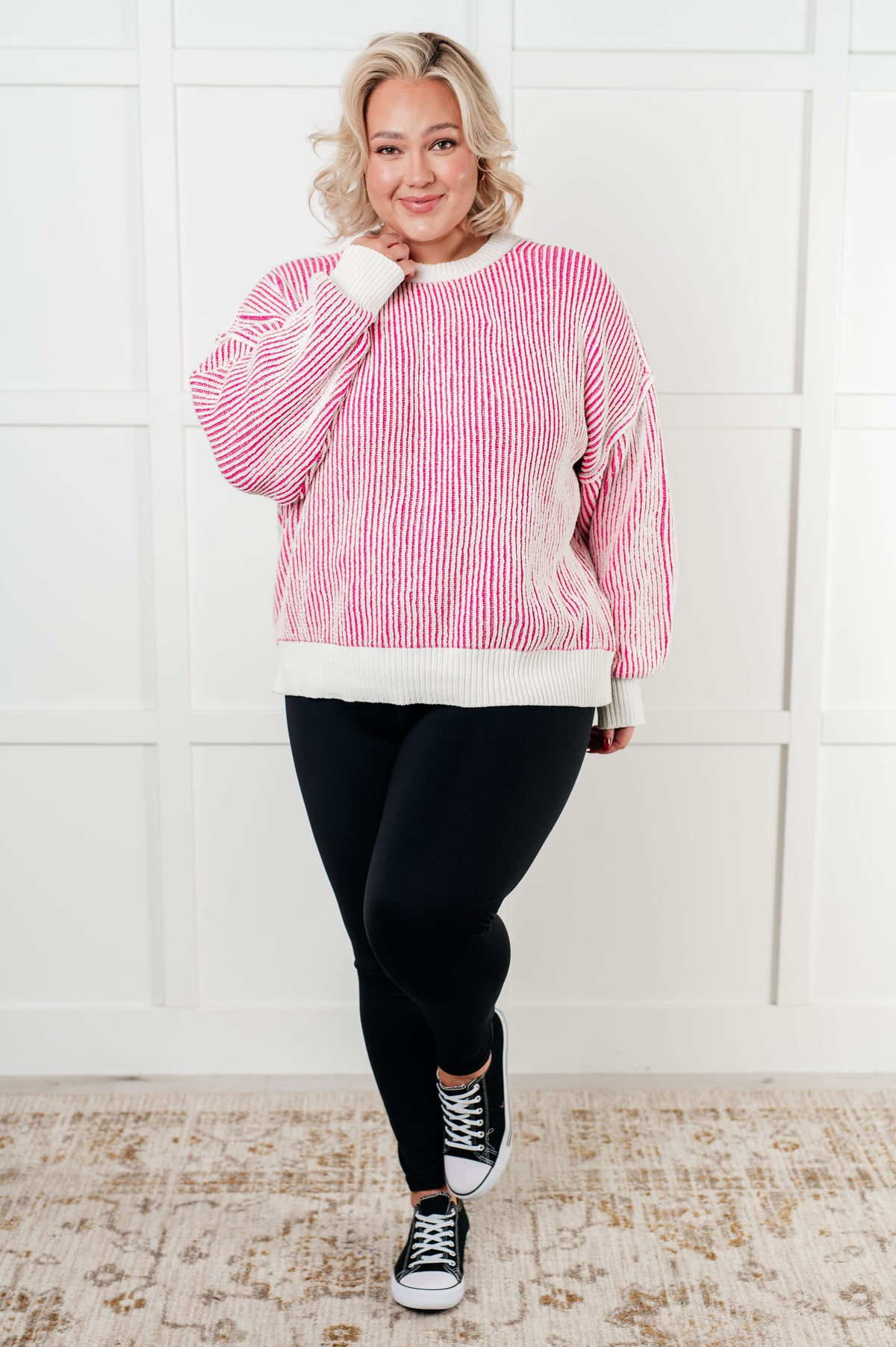 Hazel Blues® |  Least High Maintenance Contrast Trim Sweater in Pink