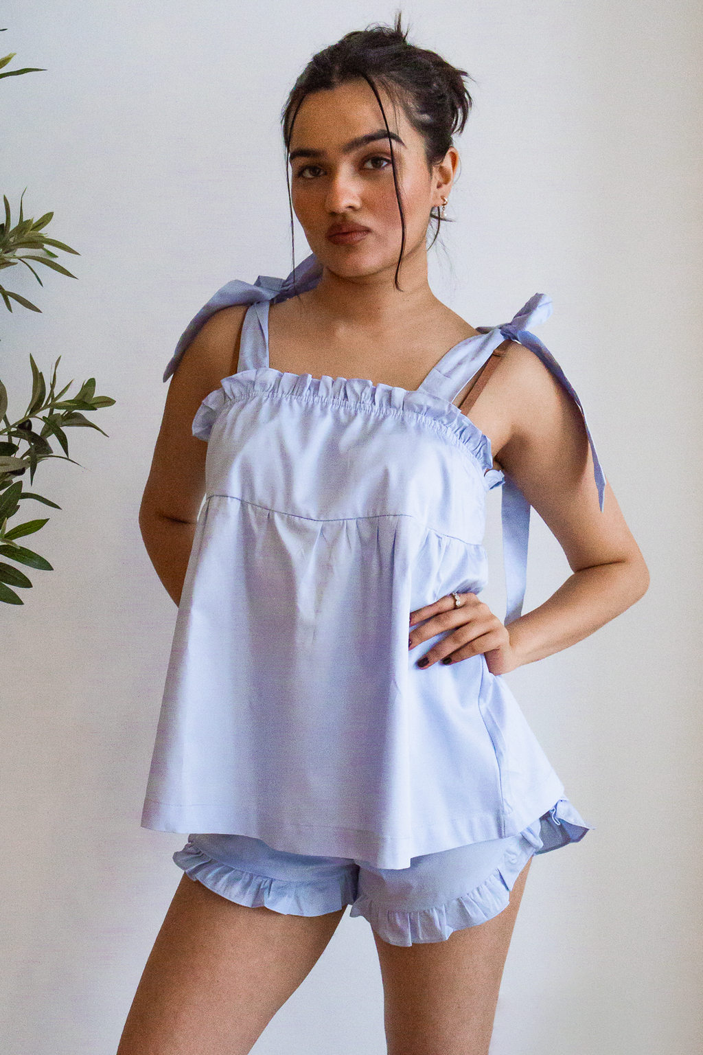 Light Blue Bow-Knot Cotton Pajama Set
