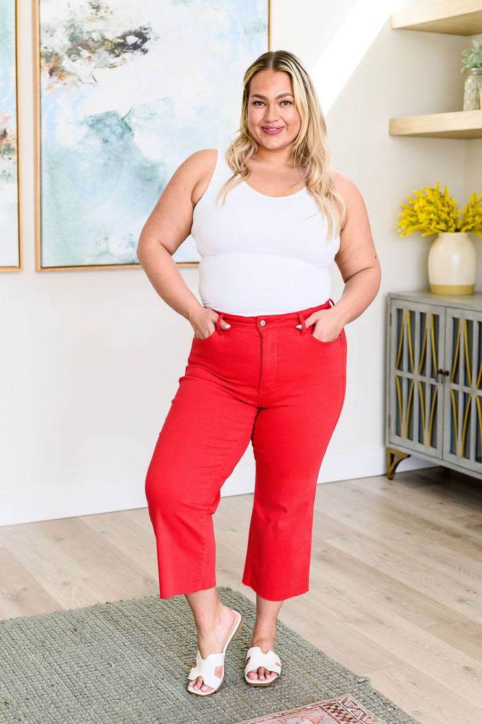 Hazel Blues® |  Lisa High Rise Control Top Wide Leg Crop Jeans in Red