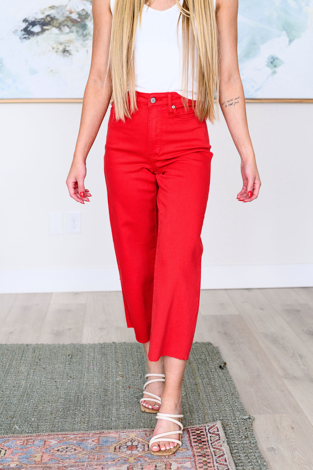 Hazel Blues® |  Lisa High Rise Control Top Wide Leg Crop Jeans in Red