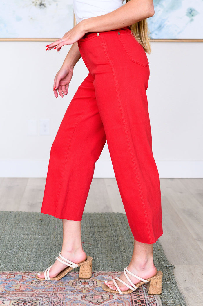 Hazel Blues® |  Lisa High Rise Control Top Wide Leg Crop Jeans in Red