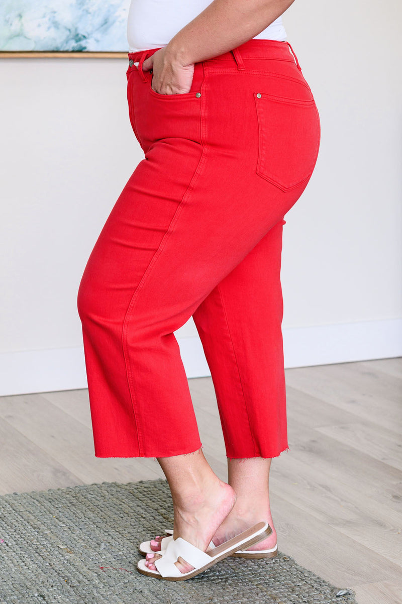 Hazel Blues® |  Lisa High Rise Control Top Wide Leg Crop Jeans in Red