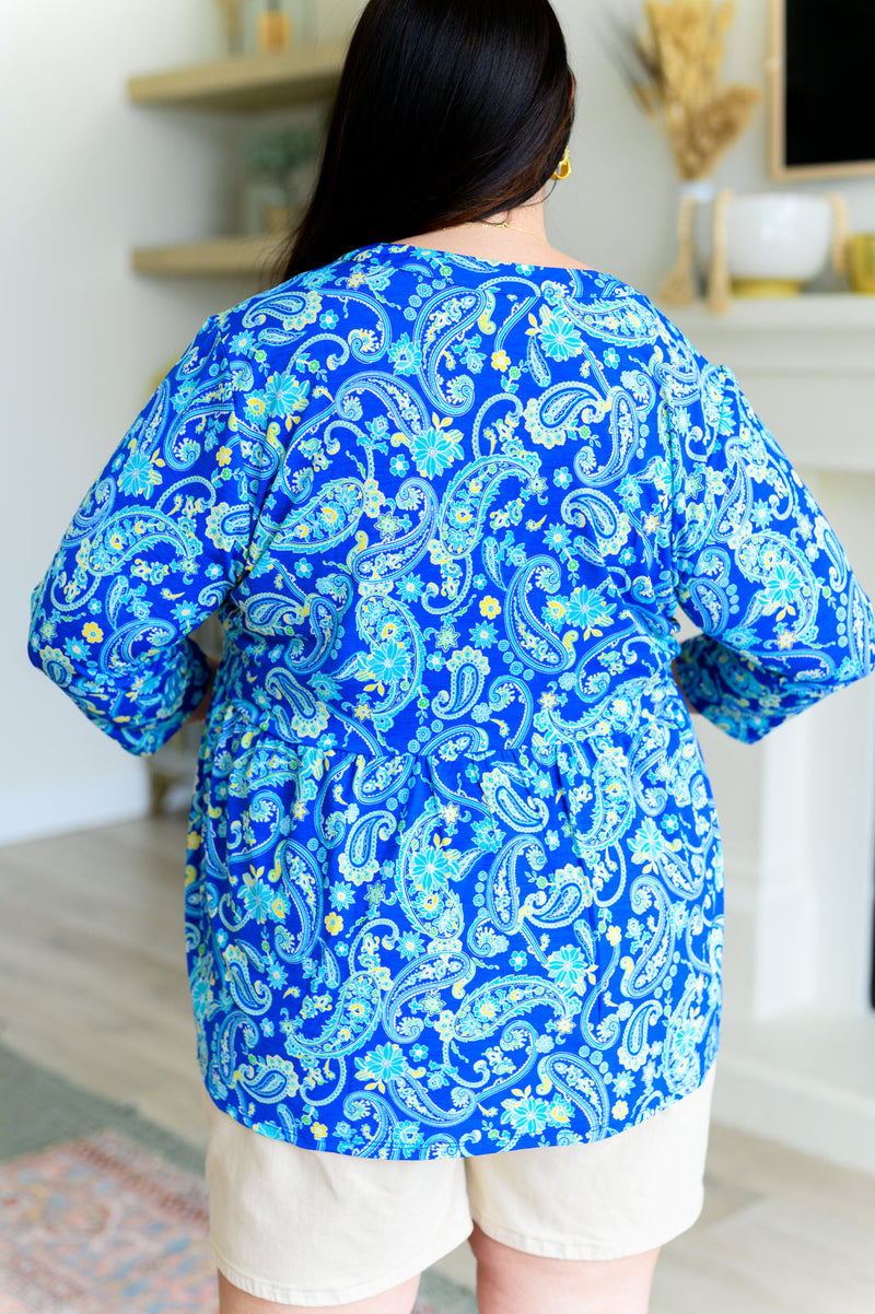 Hazel Blues® |  Lizzy Babydoll Top in Royal and Mint Paisley