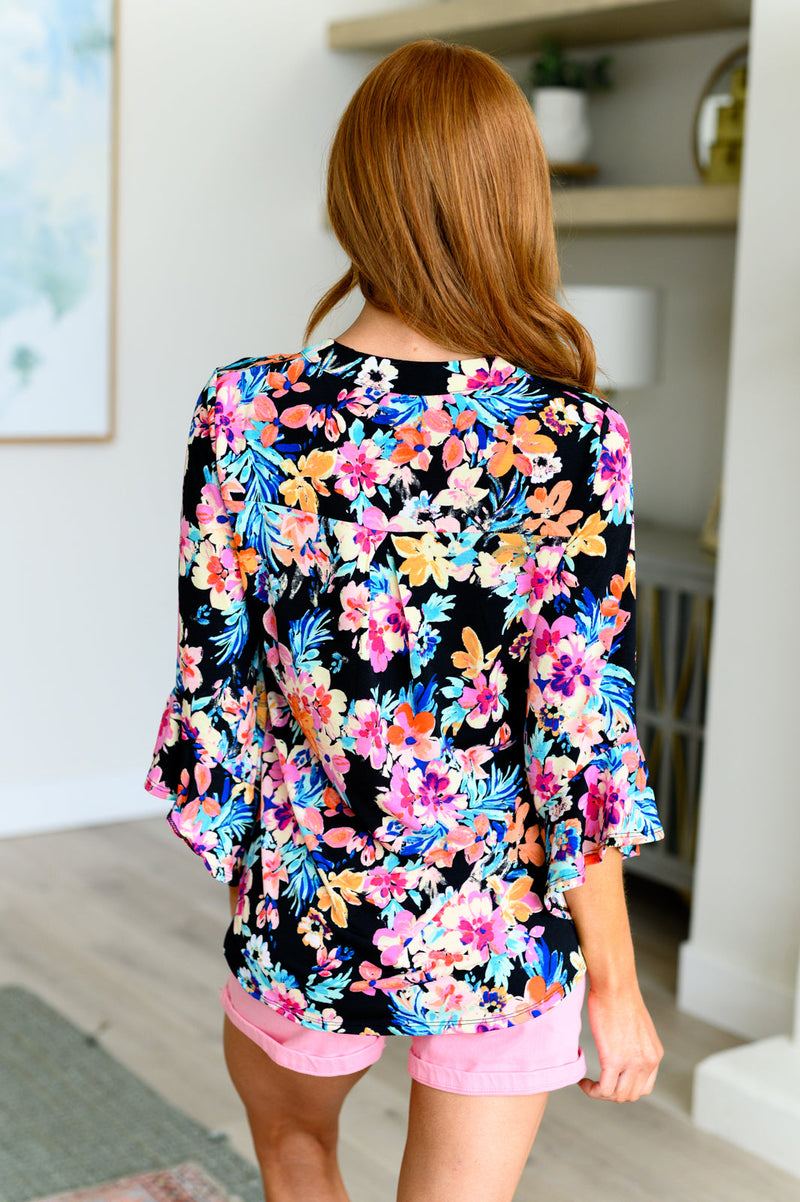 Hazel Blues® |  Lizzy Bell Sleeve Top Black and Teal Tropical Floral