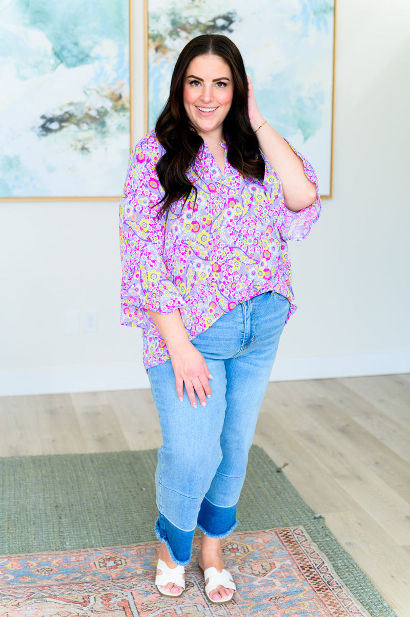 Hazel Blues® |  Lizzy Bell Sleeve Top in Lavender Retro Ditsy Floral