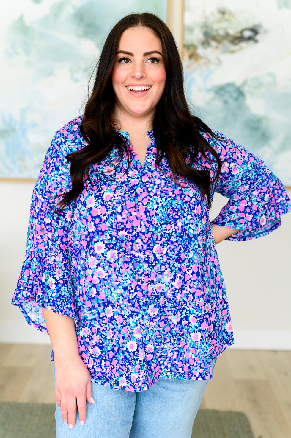 Hazel Blues® |  Lizzy Bell Sleeve Top in Navy and Pink Floral