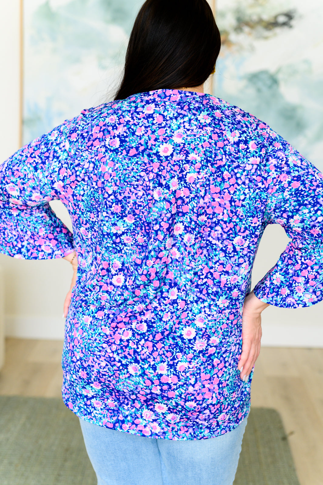 Hazel Blues® |  Lizzy Bell Sleeve Top in Navy and Pink Floral