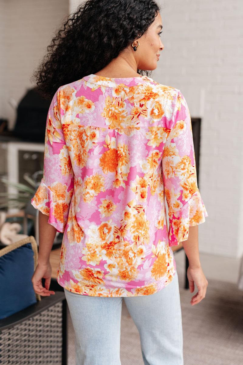 Hazel Blues® |  Lizzy Bell Sleeve Top in Pink and Gold Floral