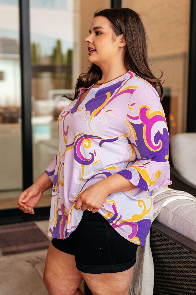 Hazel Blues® |  Lizzy Bell Sleeve Top in Regal Lavender and Gold