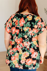 Hazel Blues® |  Lizzy Cap Sleeve Top in Black Garden Floral