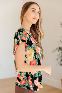 Hazel Blues® |  Lizzy Cap Sleeve Top in Black Garden Floral