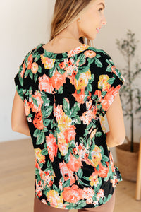 Hazel Blues® |  Lizzy Cap Sleeve Top in Black Garden Floral