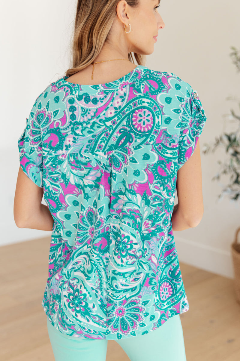 Hazel Blues® |  Lizzy Cap Sleeve Top in Magenta and Teal Paisley