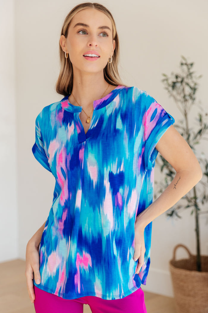 Hazel Blues® |  Lizzy Cap Sleeve Top in Royal Brush Strokes