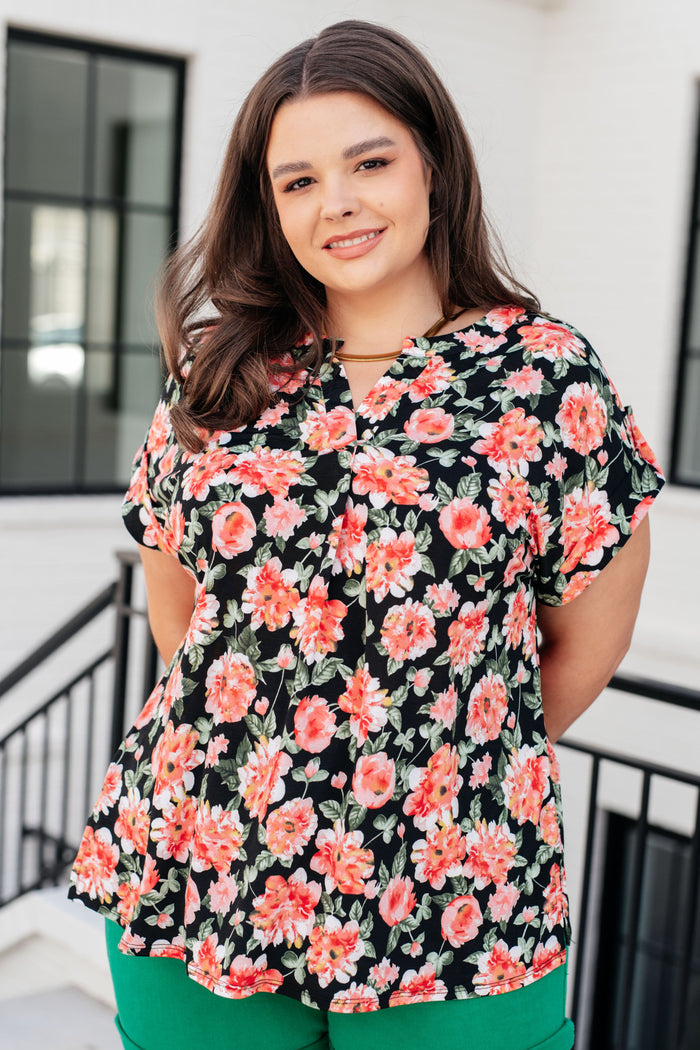 Hazel Blues® |  Lizzy Cap Sleeve Top in Black and Coral Floral