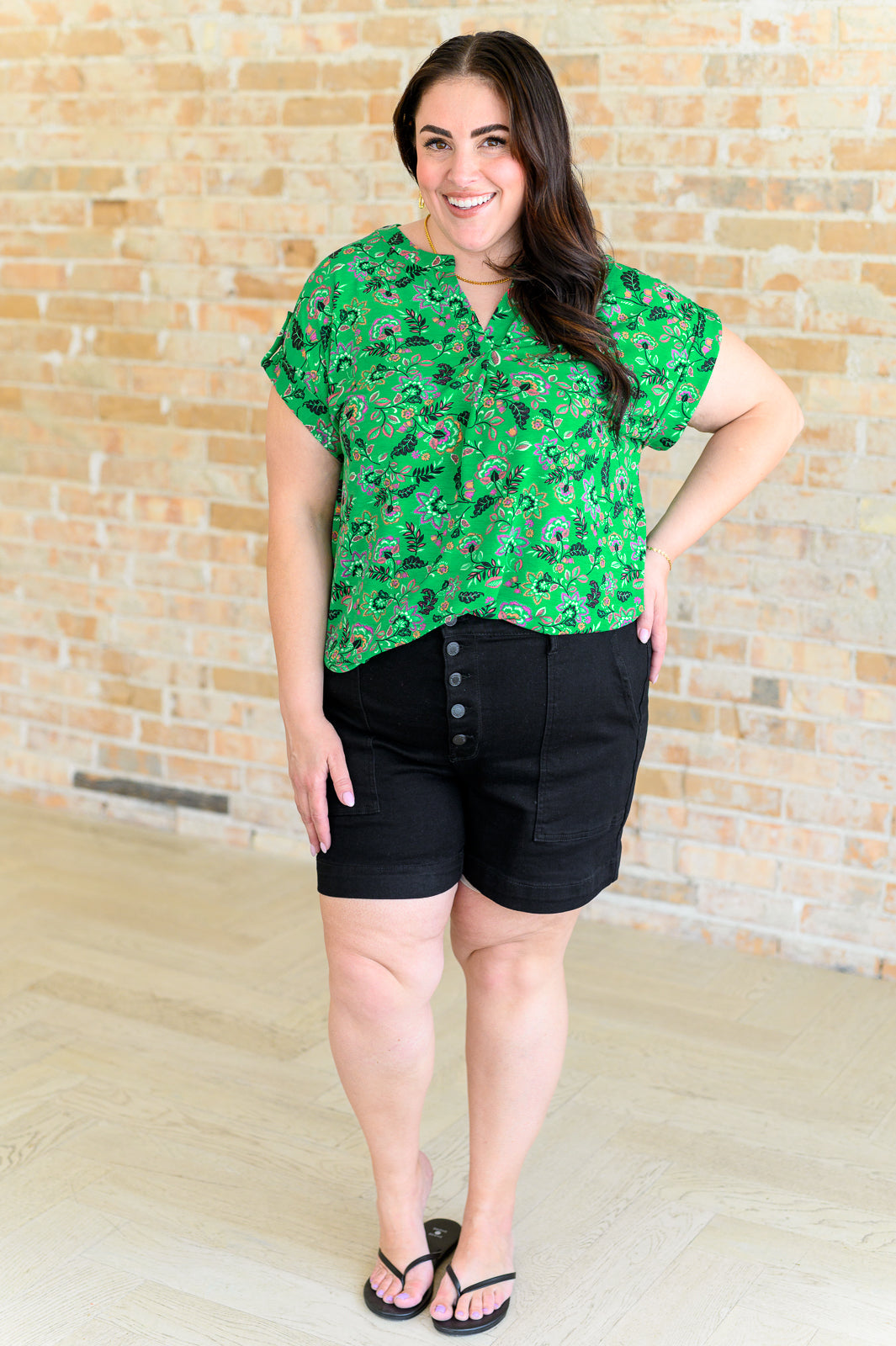 Hazel Blues® |  Lizzy Cap Sleeve Top in Green and Black Floral