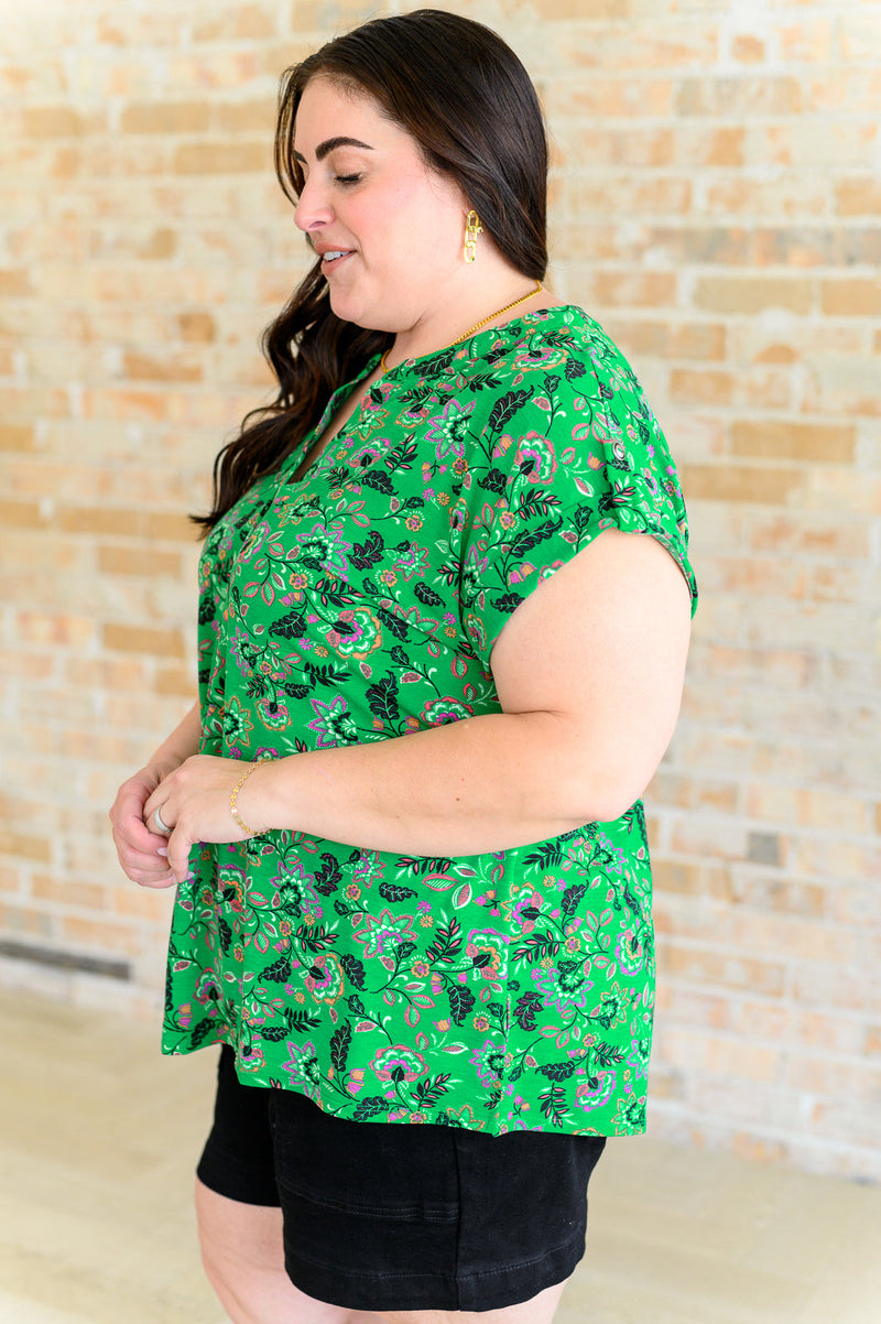 Hazel Blues® |  Lizzy Cap Sleeve Top in Green and Black Floral