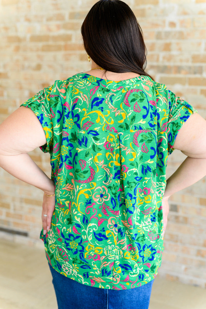 Hazel Blues® |  Lizzy Cap Sleeve Top in Green and Royal Watercolor Floral