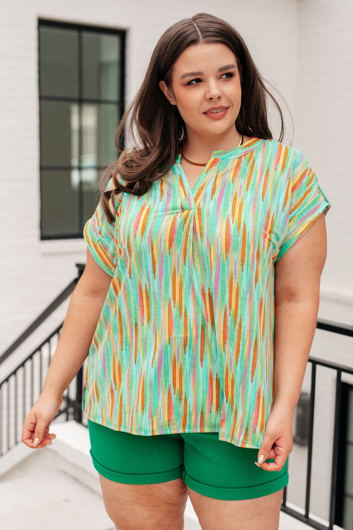 Hazel Blues® |  Lizzy Cap Sleeve Top in Lime and Emerald Multi Stripe