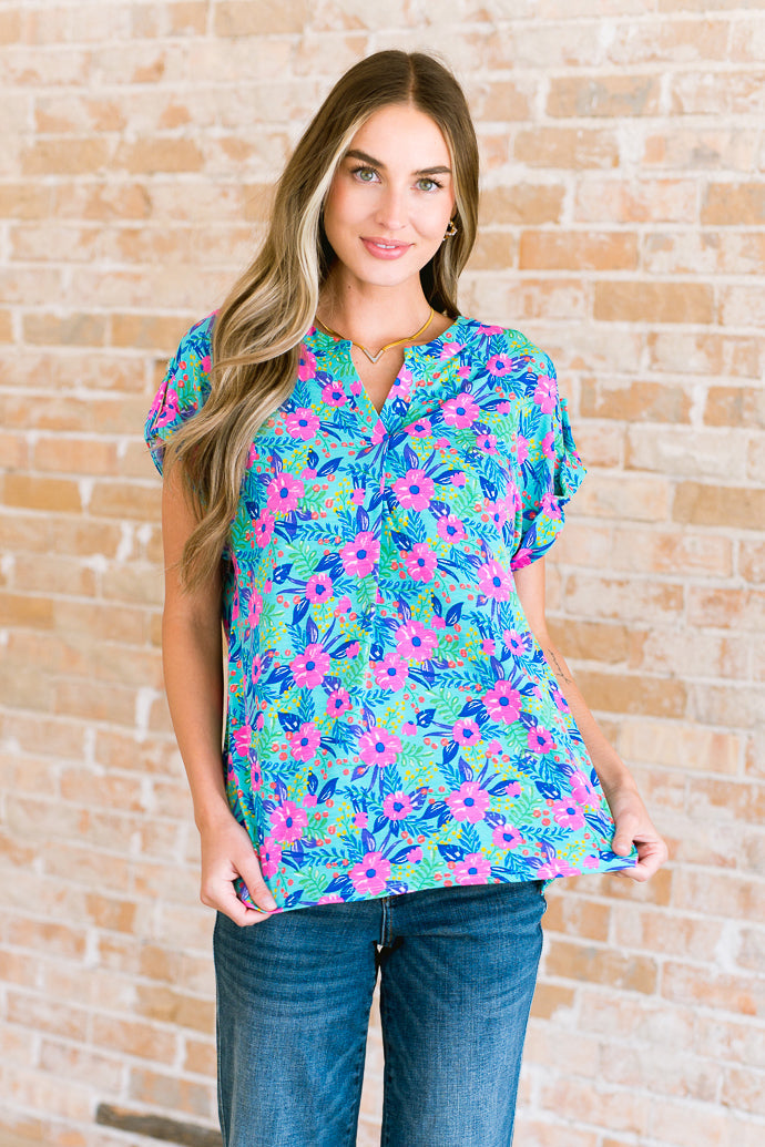 Hazel Blues® |  Lizzy Cap Sleeve Top in Mint and Lavender Floral