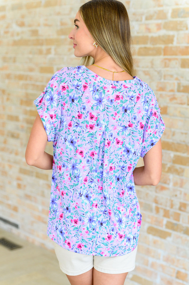 Hazel Blues® |  Lizzy Cap Sleeve Top in Muted Lavender and Pink Floral